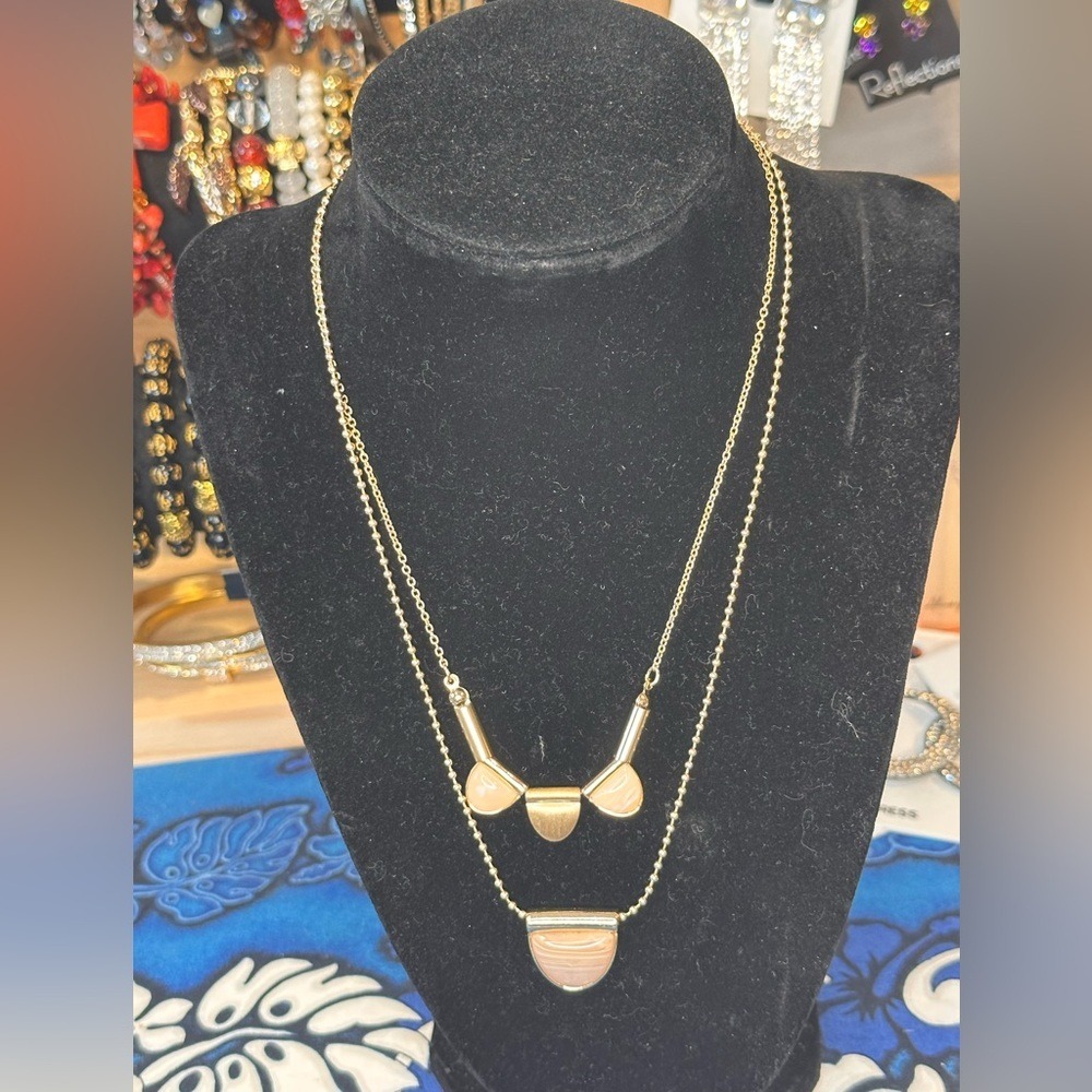 Macy's Gold Tone Layered Geometric Pendant 18" Necklace Double Strand Adjustable